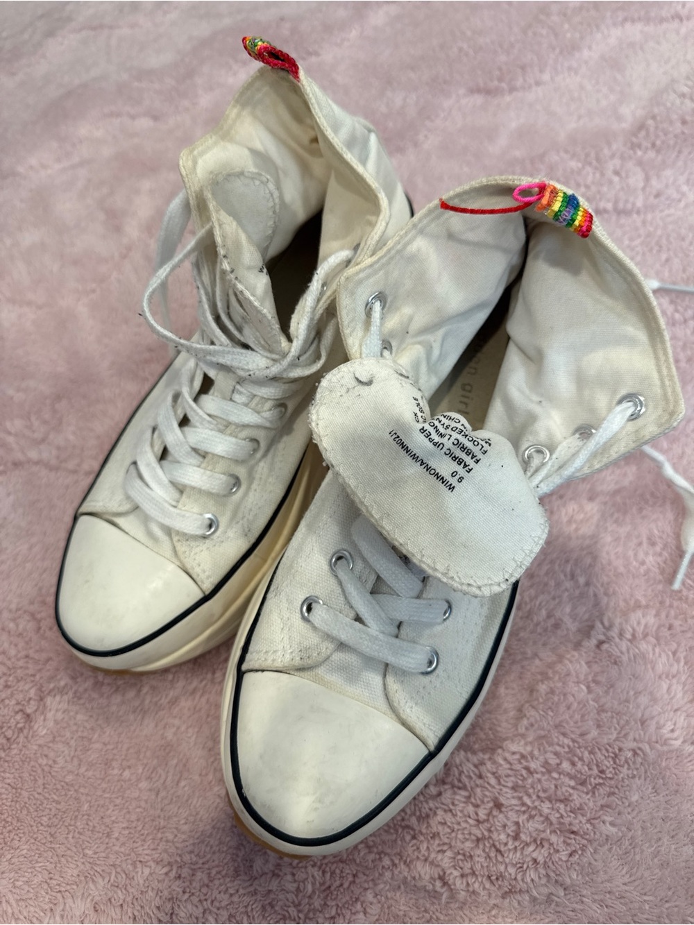 Madden Girl White Canvas High-Top Combat Boots with Rainbow Pull Tabs
